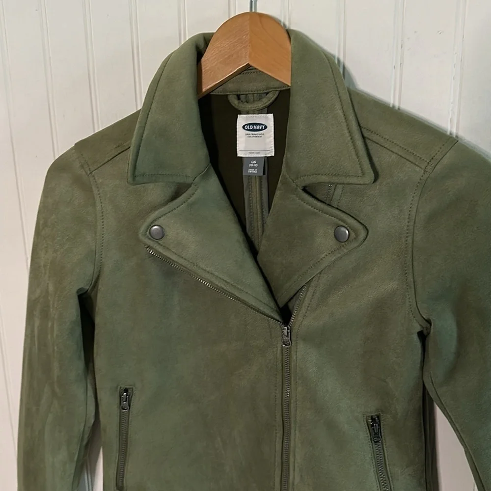 Old Navy Olive Green Faux Suede Moto Jacket Size L/G (10-12)